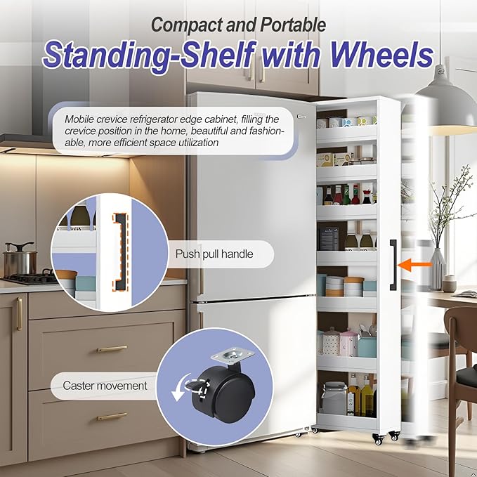 7-Tier Slim Storage Cart, Wooden Rolling Pantry Cabinet with Wheels, Narrow Shelf Organizer for Kitchen, Bakers Rack, Dining Room, Closet, Small Spaces Warm White 47.2" H*7.8" W*16.9" D