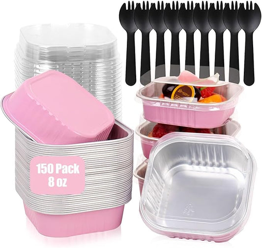 FORBFAN 150 Pcs Square Mini Cake Pans with Lids, 8 oz Individual Mini Loaf Pans, Pink Aluminum Foil Cupcake Baking Cups