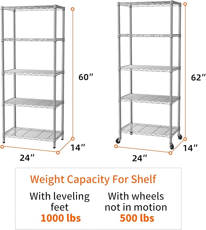 Standing Shelf Unit 5-Tier Metal Wire Rack with Wheels, White