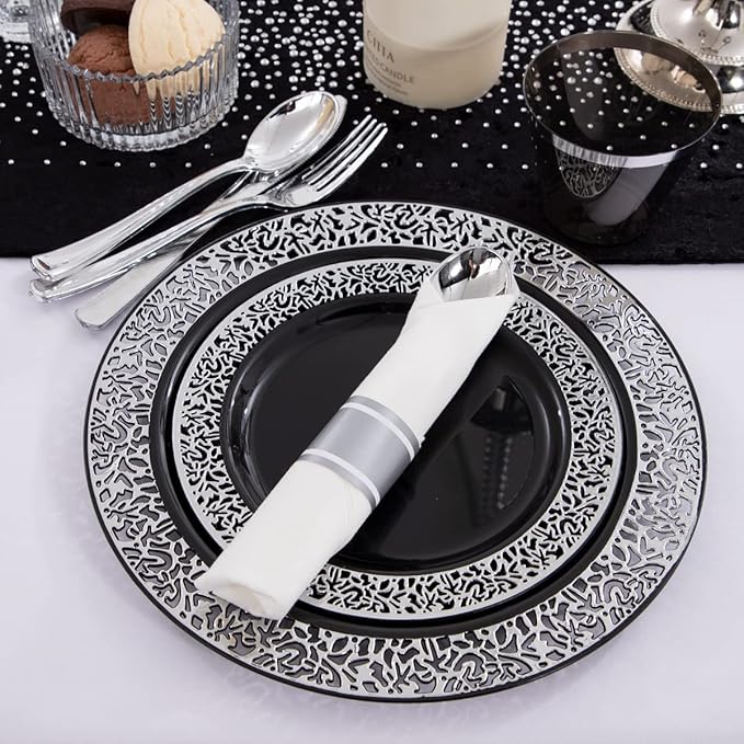 Disposable Plates Set, Black Lace Design with Silver Cutlery, 210 Pieces