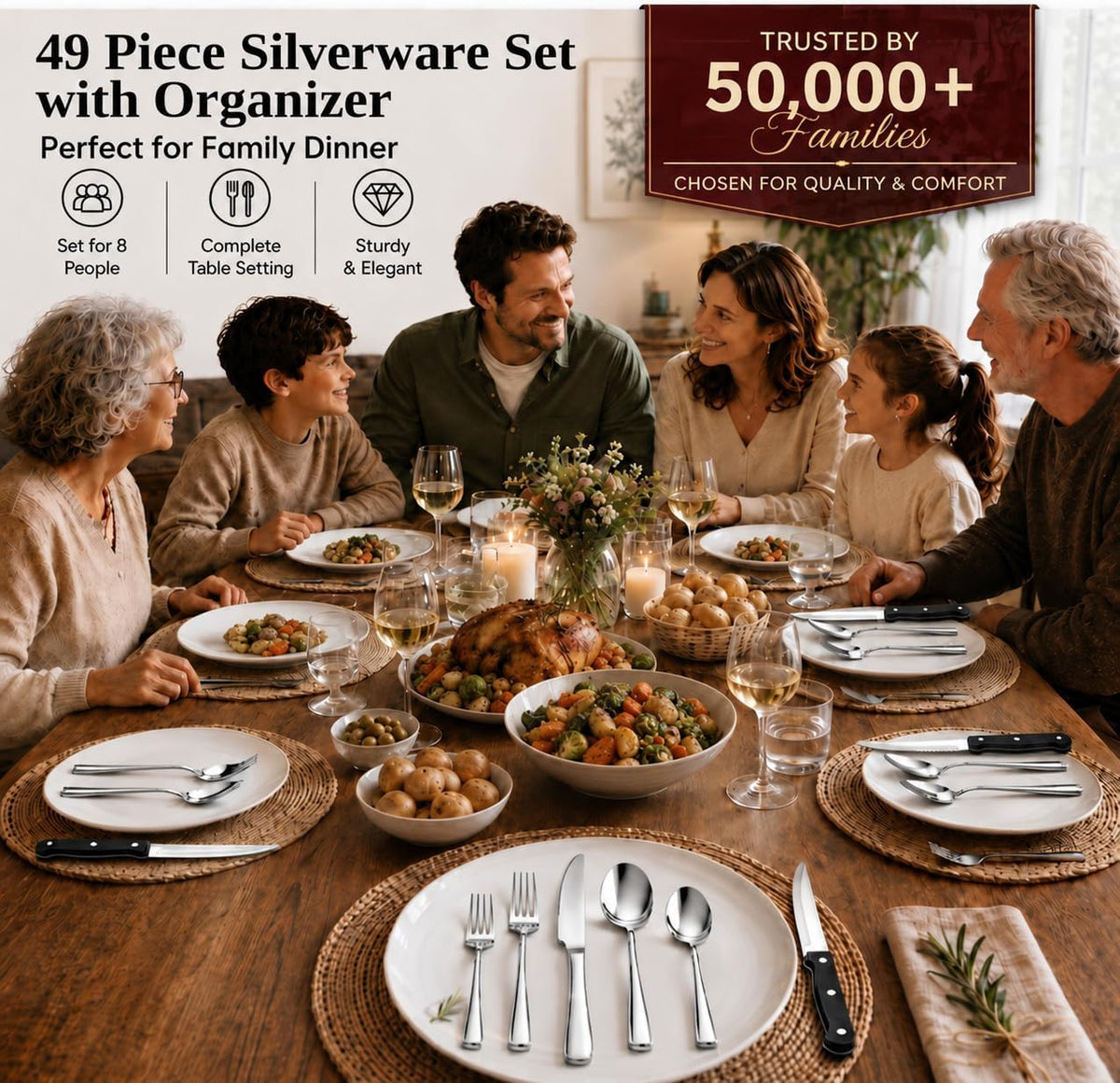 49-Piece Silverware Set with Organizer, Stainless Steel Flatware Utensils Set – another angle