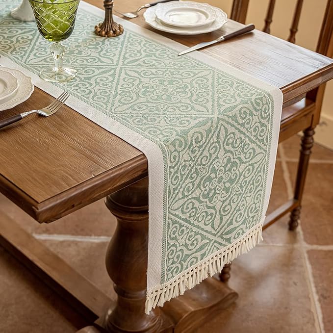 Table Runner, 14 x 119 Inches, Green Polyester with Fringe