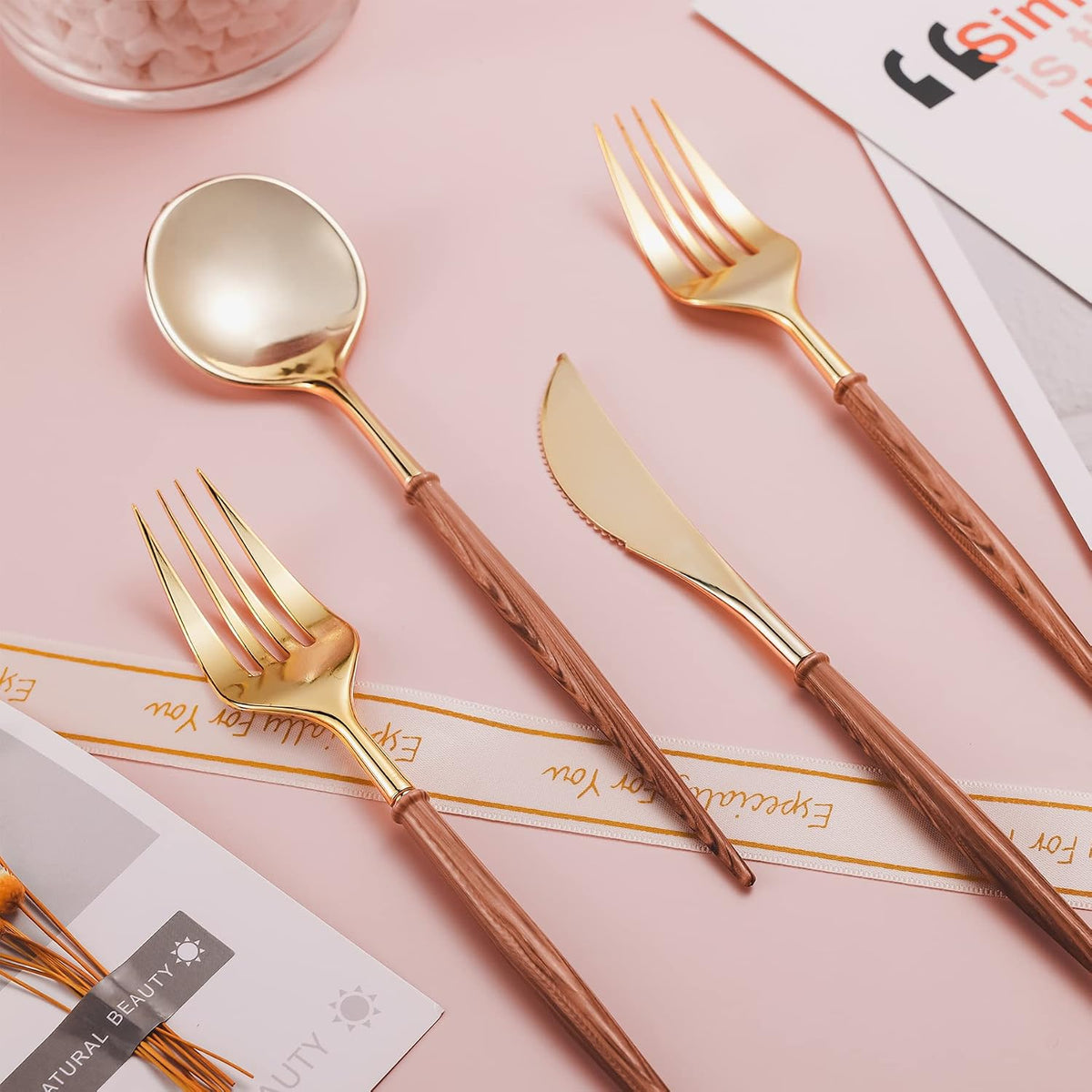 120PCS High End Gold Plastic Silverware with Wood Grain Handle – size reference