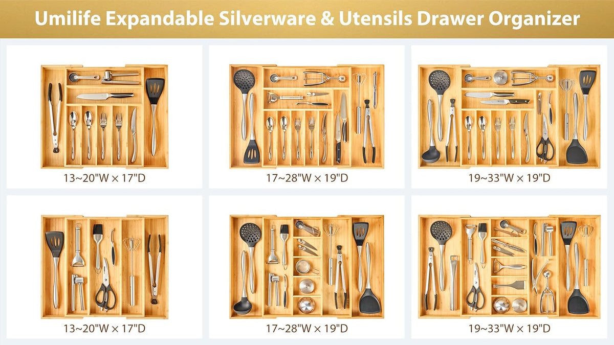 Large Expandable Kitchen Silverware Utensils Drawer Organizer, 2.5" Extra High – set view