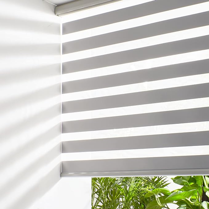 Persilux Cordless Zebra Blinds for Windows Free-Stop Roller Windows Shades (24" W X 72" H, Grey) Dual Layer Light Control for Day and Night, Light Filtering Sheer Shades for Home, Bedroom