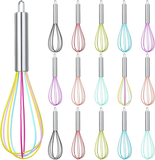 Domensi 16 Pcs 10 Inch Whisks Bulk for Cooking Silicone Whisks Non Scratch Stainless Steel Hand Coated Metal Heat Resistant Egg Beaters for Classroom Cook Party Favor Gift Supplies