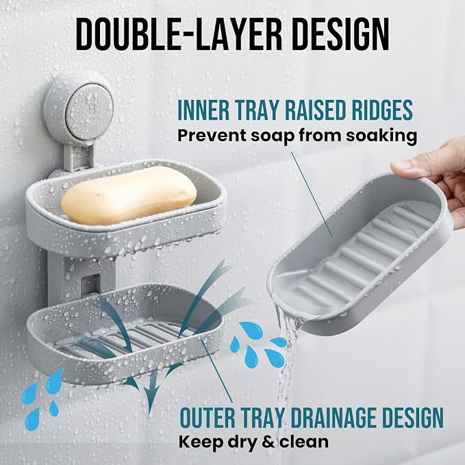 Soap Dish Shower Caddy, 2-Tier Gray Suction Soap Saver, Drill-Free