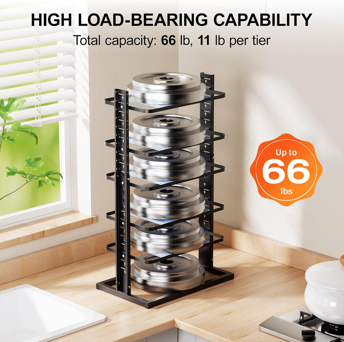 Pots and Pans Organizer for under Cabinet, 6-Tier Heavy Duty Pan Pot Organizers – close-up