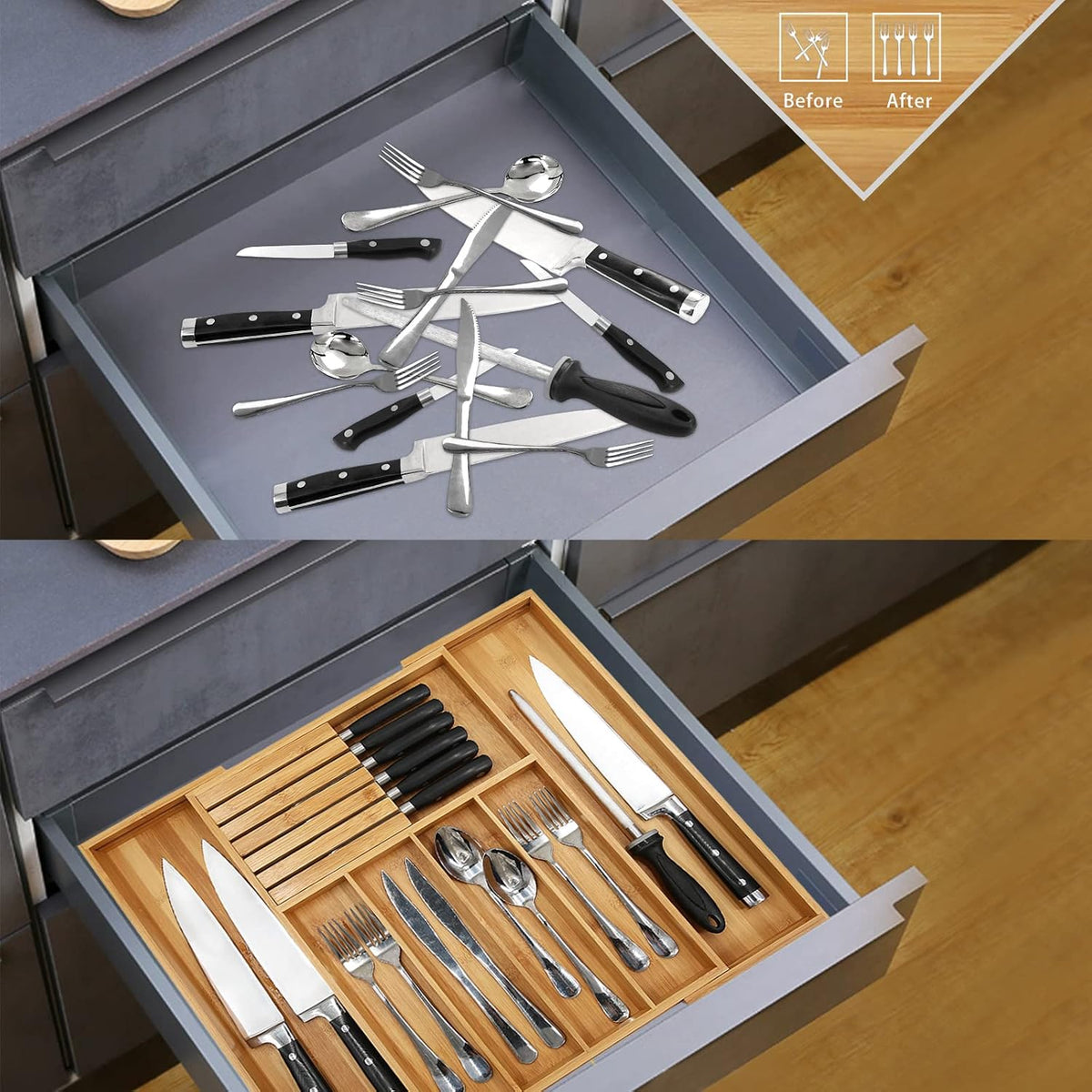 Bamboo Silverware Drawer Organizer, 7 Slots, Natural – features