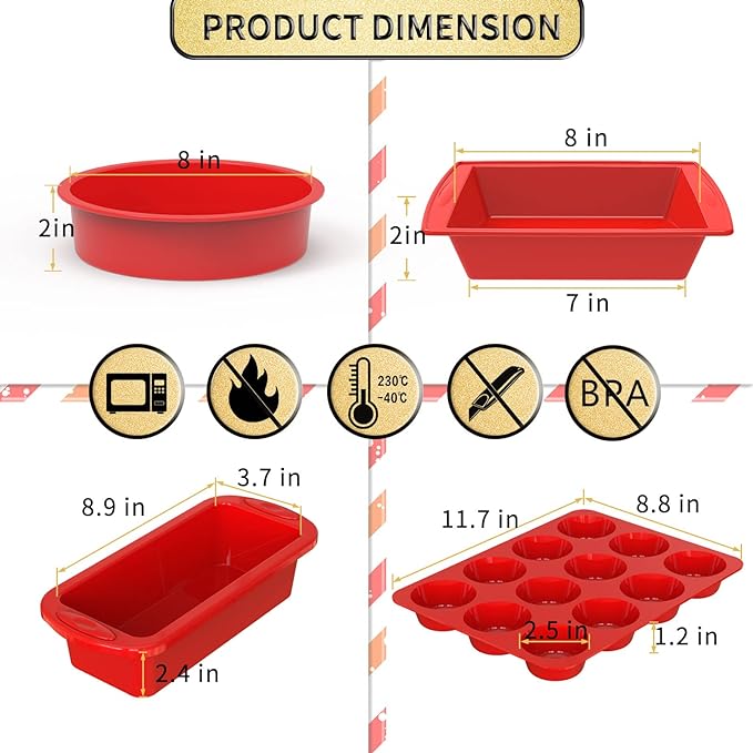 SILIVO 5-Piece Silicone Baking Pans Sets - Nonstick Silicone Bakeware Set with Bread Loaf Pan, Muffin Pan, Square/Round Cake Pan - Oven & Dishwasher Safe