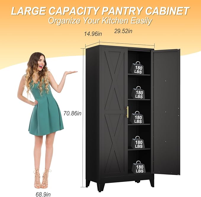 Freestanding Metal Pantry Cabinet, 2 Doors, 4 Adjustable Shelves, Black