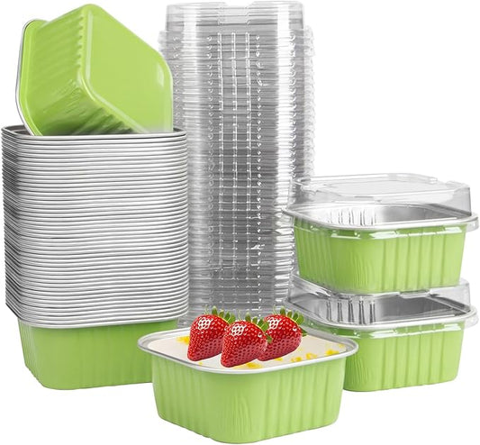 50 Pcs Mini Square Baking Cups with Lids,5oz Aluminum Foil Mini Cake Pans with Lids,Disposable Ramekins Cake Pans,150ml Dessert Cups Cupcake Pans for Wedding Birthday Party,Light Green