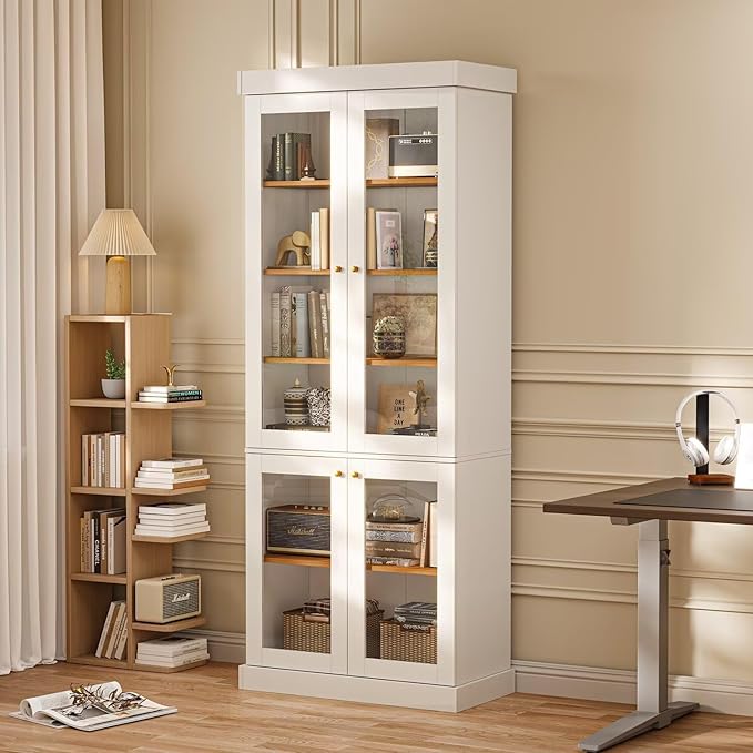 70.8" Tall Farmhouse Kitchen Pantry Cabinet with Glass Doors, Modular Wooden Storage Cabinet with 6-Tier Adjustable Shelves, Hutch for Kitchen or Living Room, White, Set of 3