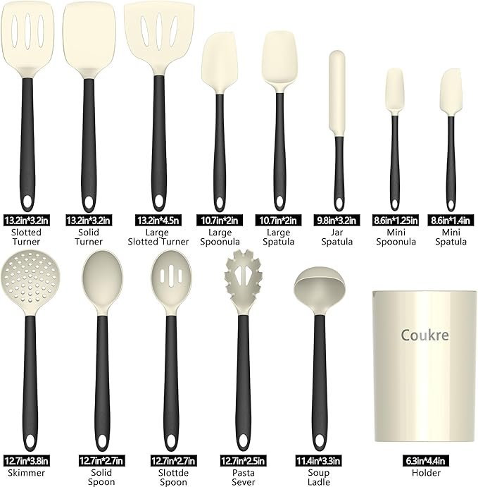 Silicone Kitchen Cooking Utensils Set with Holder – 14, Beige