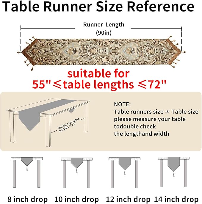 Table Runner 12x90 Inch Coffee Floral Embroidered with Beaded Tassels