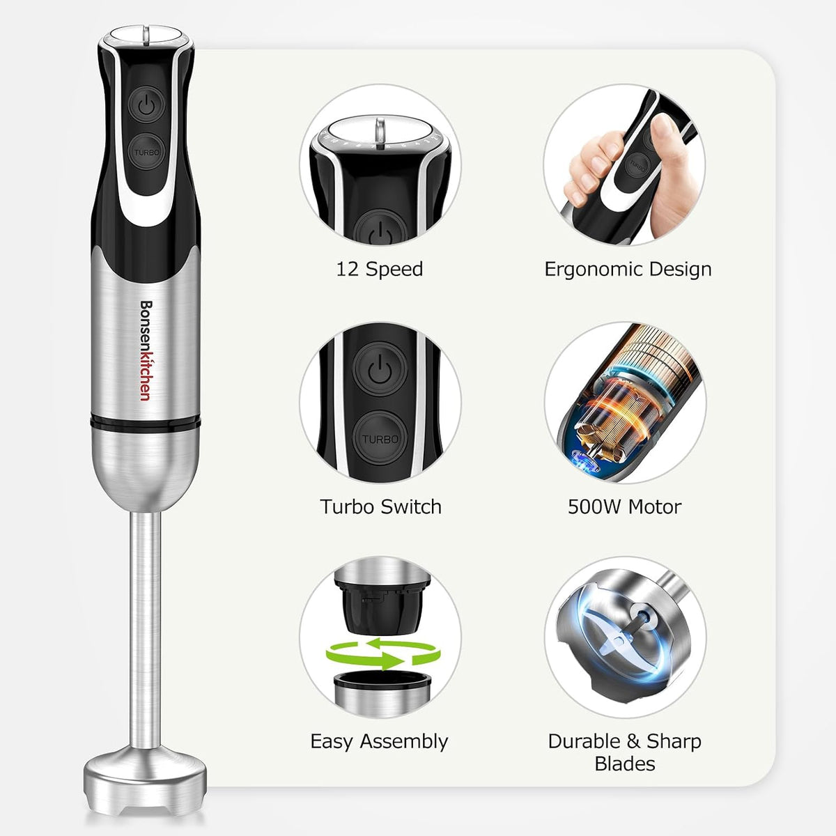 Immersion Blender with Food Processor,12 Speeds & Turbo Mode – detail
