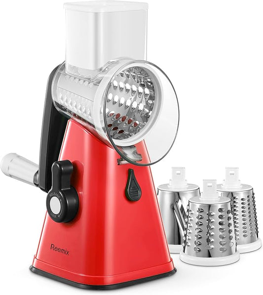 Rotary Cheese Grater with Handle, Reemix Vegetable Cheese Shredder Slicer Grater for Kitchen 3 Changeable Blades for Cheese Potato Zucchini Nuts Chocolate (Red)