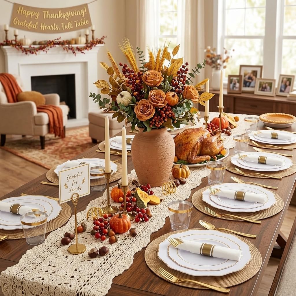 350PCS Gold Plastic Plates-Disposable White and Gold Plates Baroque Plastic – detail