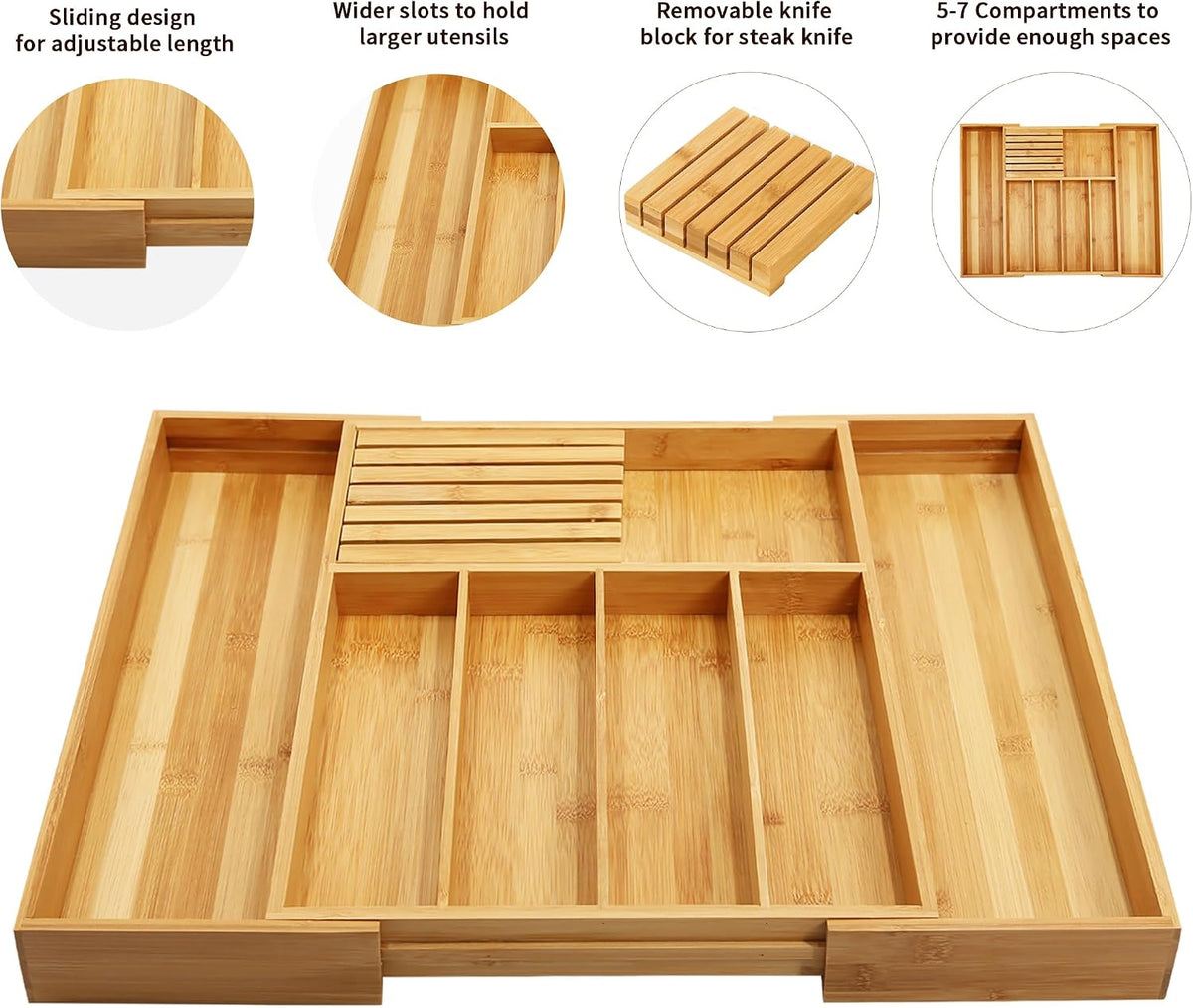 Bamboo Silverware Drawer Organizer, 7 Slots, Natural – alternate view