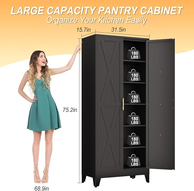 Pantry Cabinet 75-Inch Metal Kitchen Storage with 2 Doors, Black