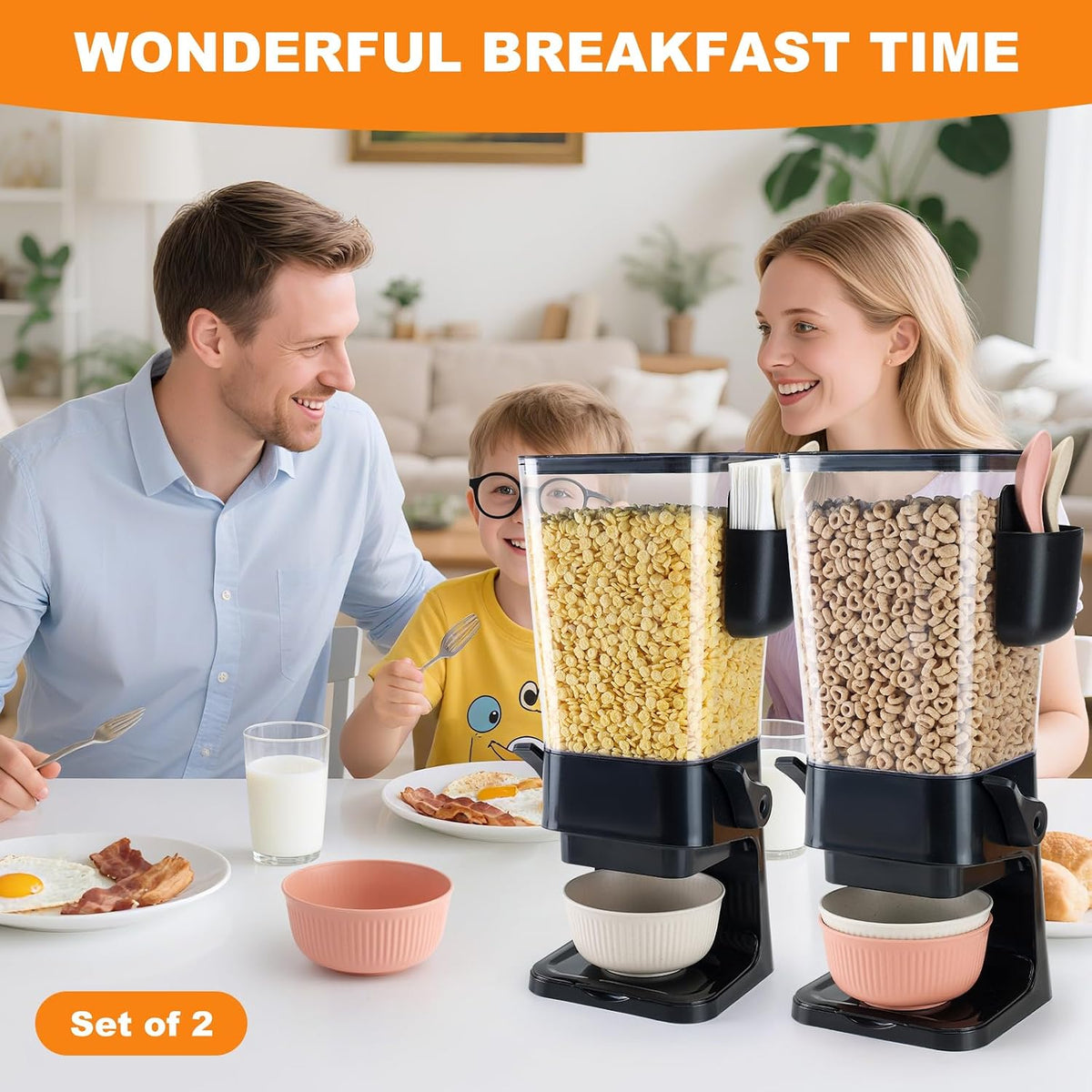 Cereal Dispenser Countertop Black 2 Pack with Bowls Spoons Cutlery Box,5.5 QT – detail