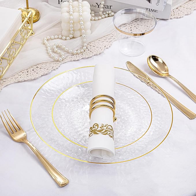 Plates Set for 25 Guests, Clear Gold Plastic Disposable Dinnerware