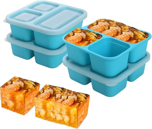 BPA-Free Silicone Freezer Molds, Leak Proof Stackable,1/2-Cup and 1-Cup Portion Control Soup Cubes Freezer Tray with Lids for Meal Prep, Broth, Stews, Leftovers(Blue 4 Pack)