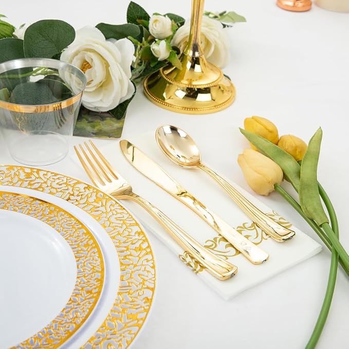 Plates: Gold Plastic Disposable Set for 50 Guests, Dinner and Dessert Sizes