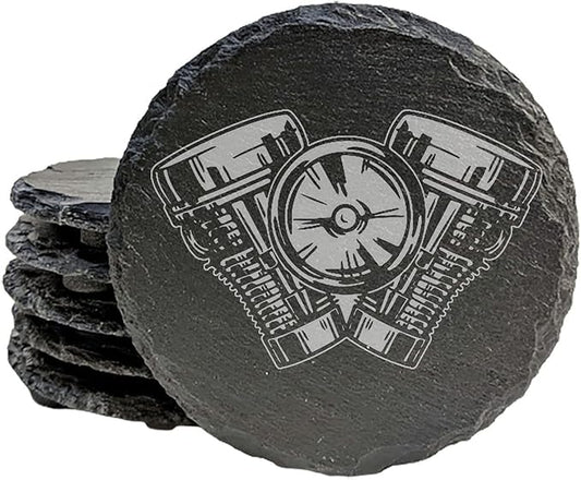 Power & Protection: V-Twin Engine Coasters for Your Ride - Round Slate - Set of 4