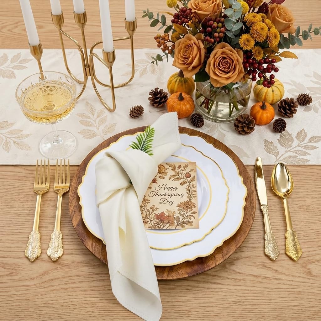 350PCS Gold Plastic Plates-Disposable White and Gold Plates Baroque Plastic – close-up
