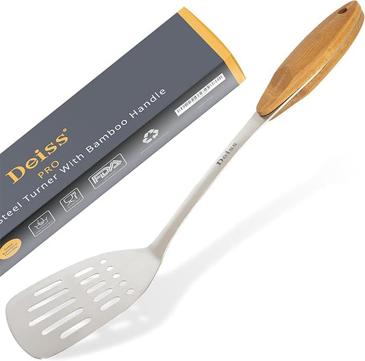 Deiss PRO Metal Spatula with Comfortable Wooden Handle - Kitchen Turner for Scraping, Turning Meat, Mixing Scrambled Eggs - Heat Resistant, Fish, Pancake Spatula (WOODEN)