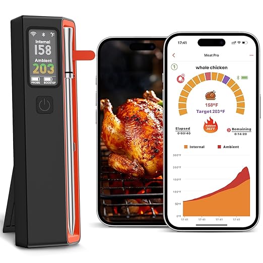 Smart Bluetooth Wireless Meat Thermometer with WiFi - High Accuracy ±0.5°F, 6 Sensors with NIST Certified Accuracy, Smart LED Base, Long-Range WiFi for BBQ, Grill, Smoker, Oven, Rotisserie