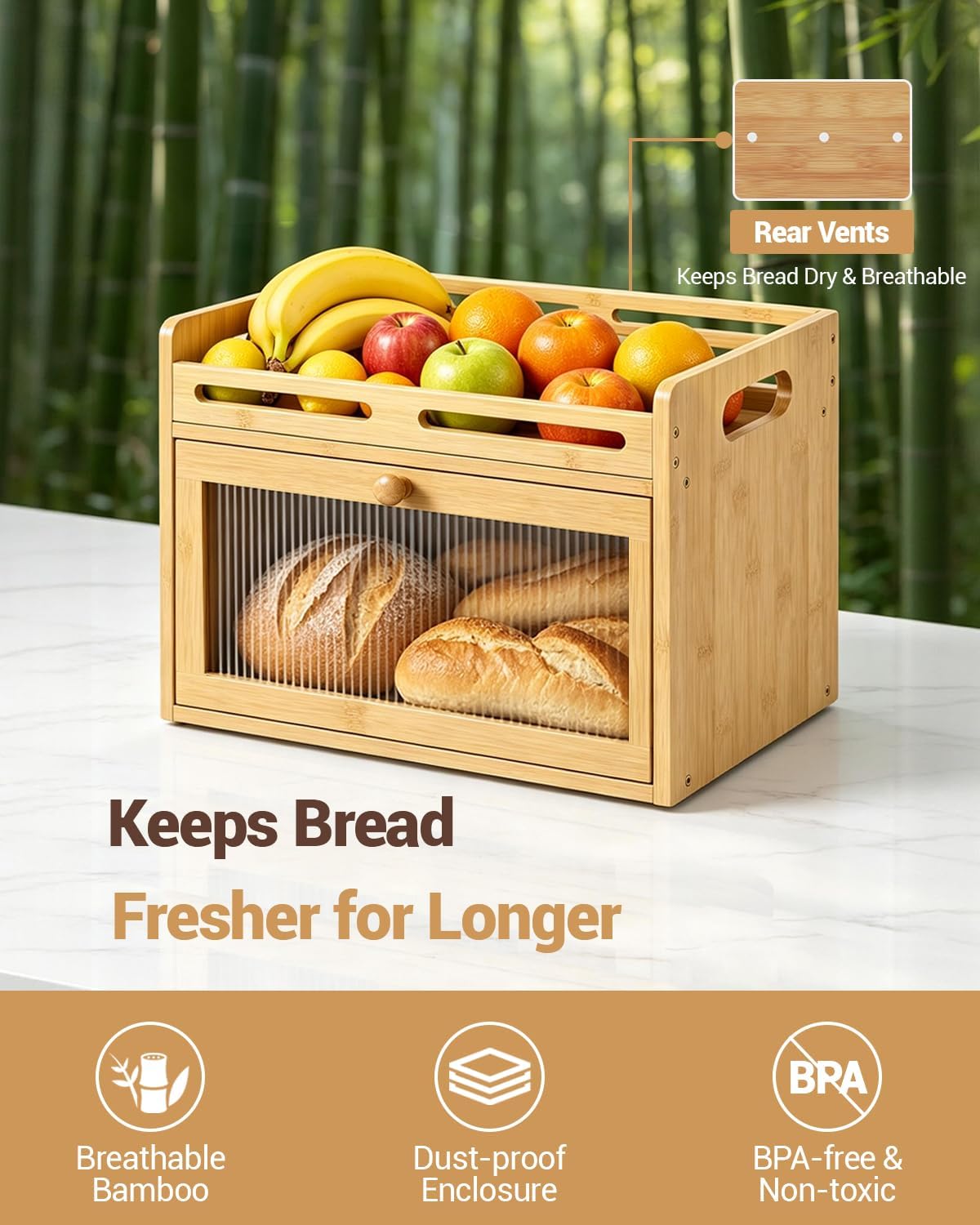 Bread Box for Kitchen Countertop, Bamboo Storage Container with Top Shelf – features