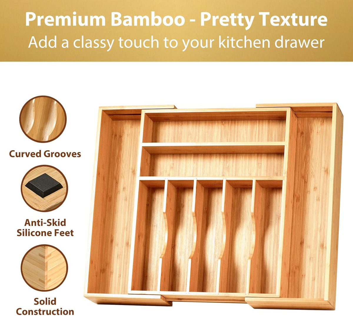 Large Expandable Kitchen Silverware Utensils Drawer Organizer, 2.5" Extra High – close-up