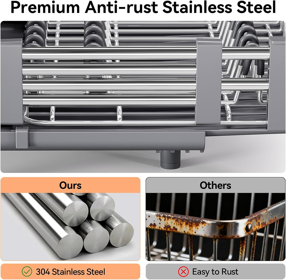 Extendable Stainless Dish Drying Rack for Kitchen Counter, Gray – another angle