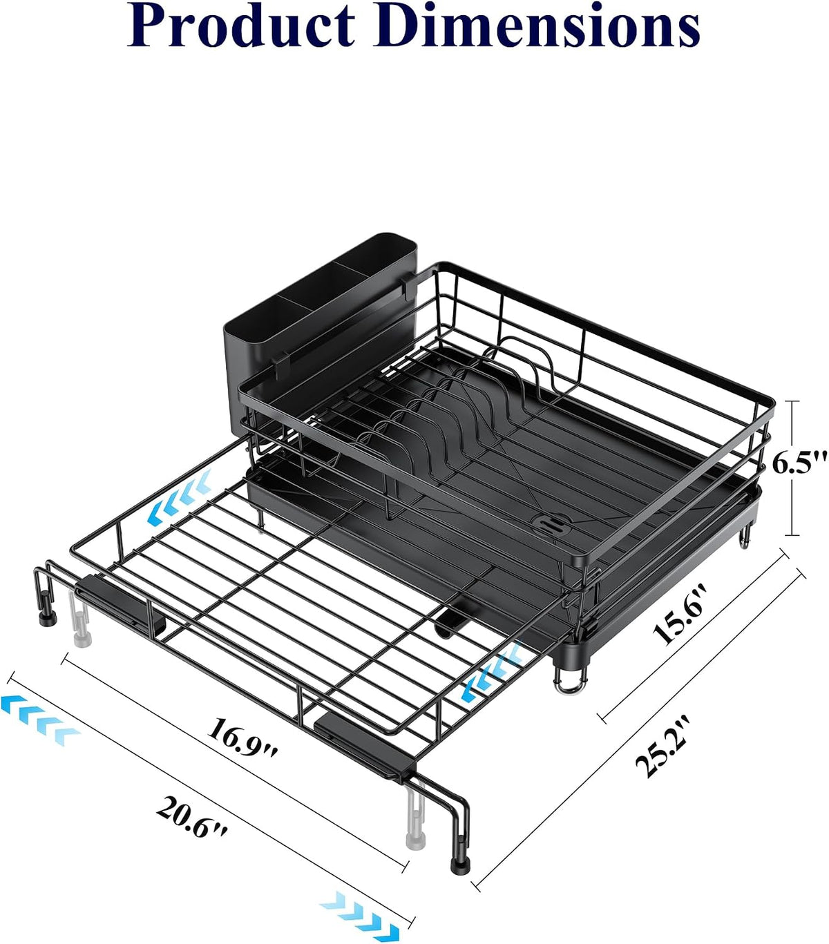 Adjustable Dish Drying Rack, 15.6''-25.2''L × 16.9''W, Black – alternate view