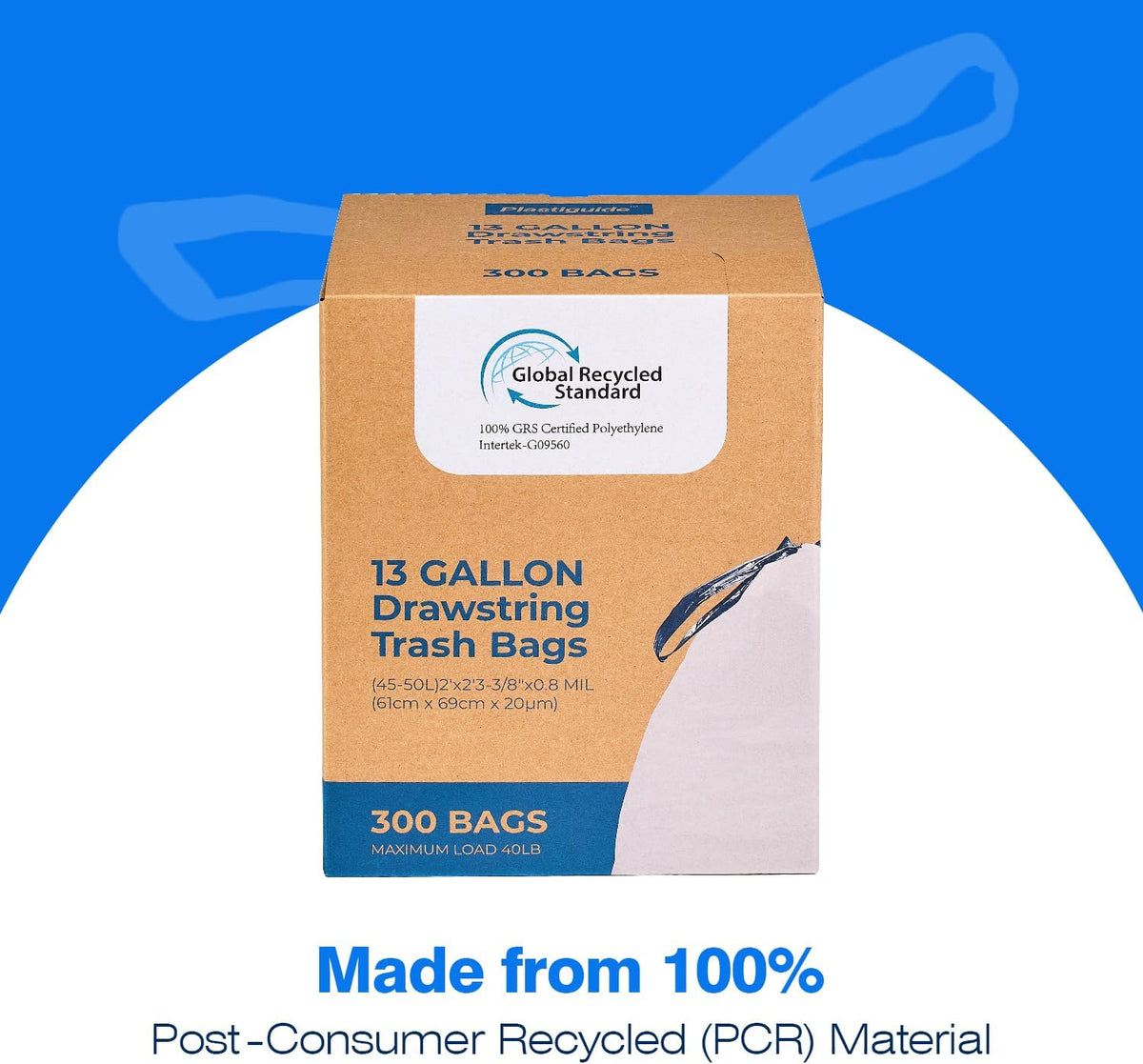 300 Count Tall Kitchen Drawstring Trash Bags, 13 Gallon, 100% Post-Consumer – close-up