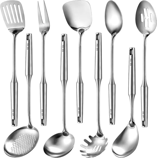 9 Pcs 304 Stainless Steel Utensils Set with Wood Handle Metal Cooking Tool Spatula, Solid Spoon, Slotted Spoon, Fork, Ladle, Skimmer, Slotted Spatula Spaghetti(Silver,Stainless Steel)