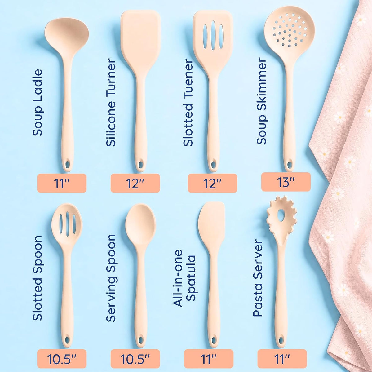 NonToxic Platinum Silicone Utensils, 100% Plastic-Free, 8-Pcs, Beige – set view