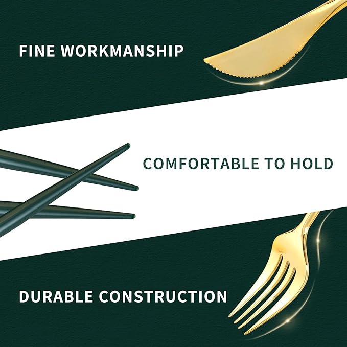 Plastic Spoons, Forks and Knives Set, 90 Pieces, Gold with Green Handles
