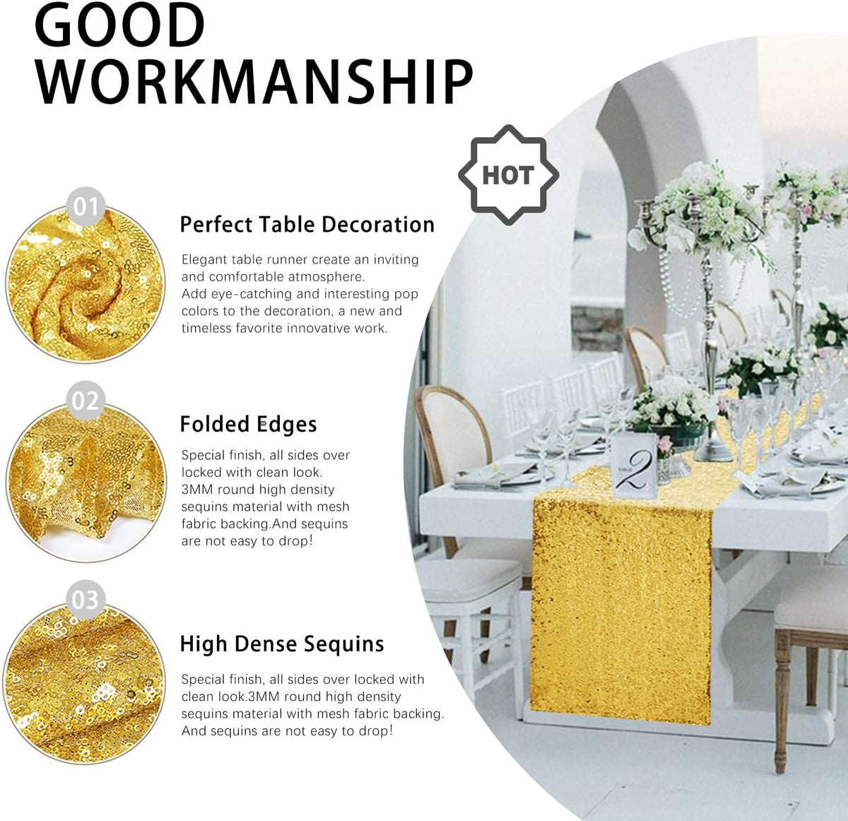 10 Packs 12 x 72 inches Gold Sequin Table Runner – close-up