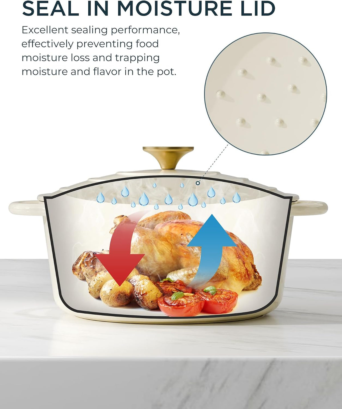 Enameled Cast Iron Dutch Oven, 6QT Pot with Lid, Cream White – close-up