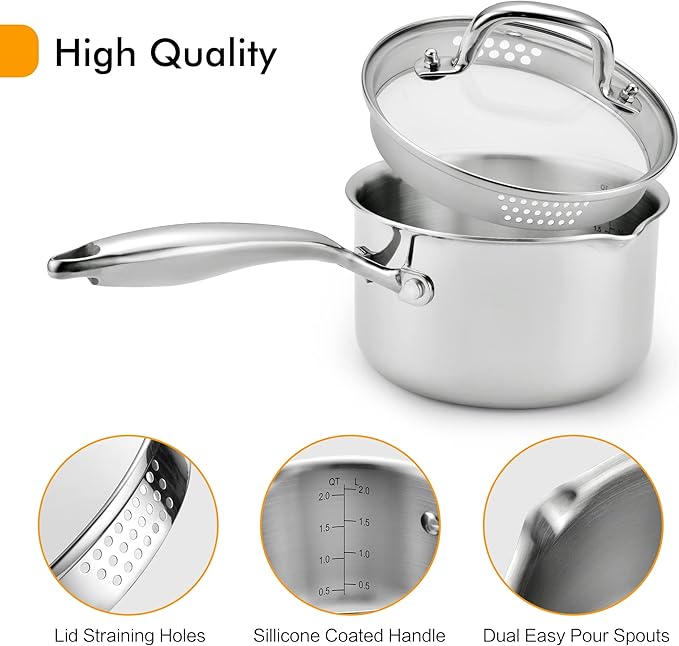 Stainless Steel Saucepan with Glass Lid, 3.5 Quart Multipurpose Sauce Pan, Sauce Pot - for Easy Pour with Ergonomic Handle