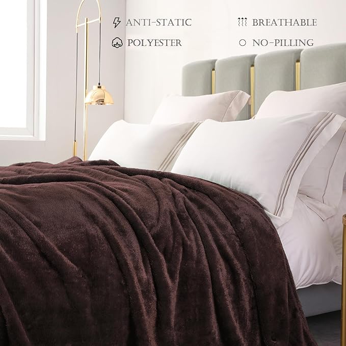 Throw Blanket in Coffee, Soft Microfiber Fleece, 90 x 90 Inch Queen