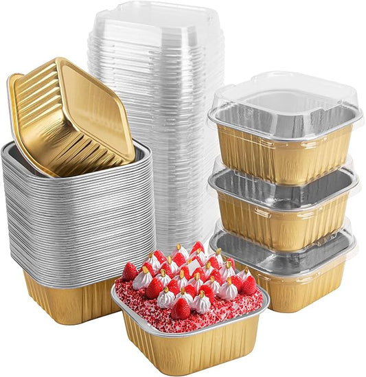 50 Pcs Mini Square Baking Cups with Lids,5oz Aluminum Foil Mini Cake Pans with Lids,Disposable Ramekins Cake Pans,150ml Dessert Cups Cupcake Pans for Wedding Birthday Party,Gold