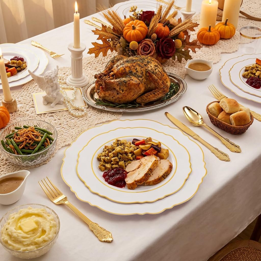 350PCS Gold Plastic Plates-Disposable White and Gold Plates Baroque Plastic – features