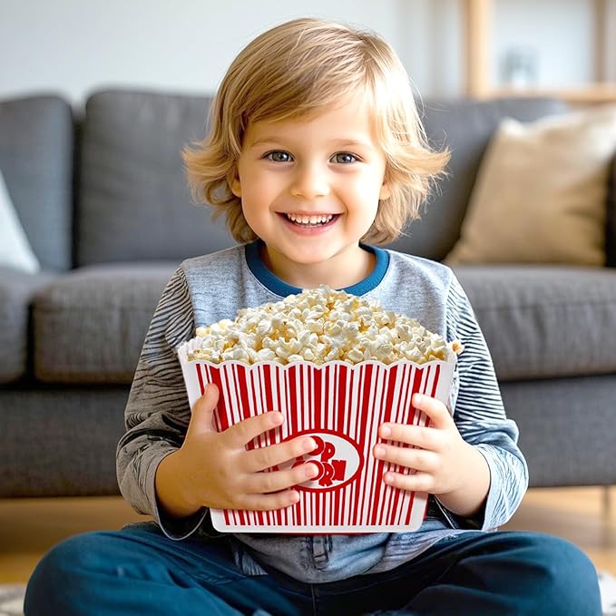 Snack Bowls - Reusable Red and White Plastic Popcorn Containers, 6 Pack