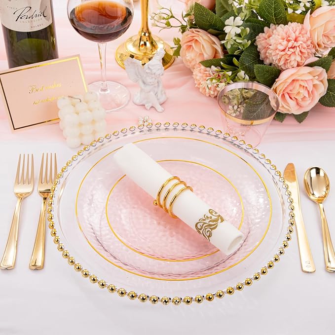 Plates for Parties: Round Pink Plastic Set with Gold Rim