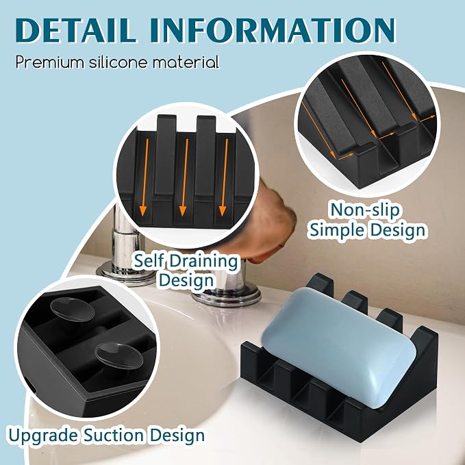 Soap Dish, Black Silicone Drain Tray with Suction Cups, 2-Pack