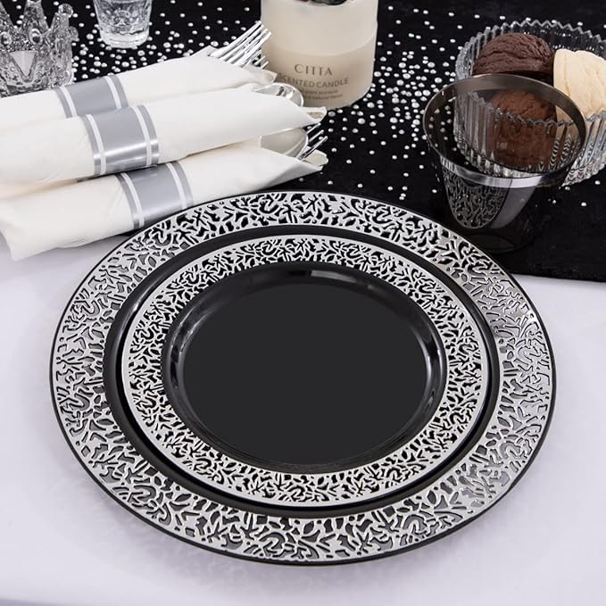 Disposable Plates Set, Black Lace Design with Silver Cutlery, 210 Pieces